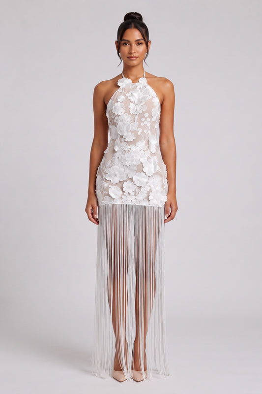 White Lace 3D Floral Appliques Bodycon Mini Dress with Floor-Length Fringe Overlay white lace with 3D floral appliques dress - product view 1