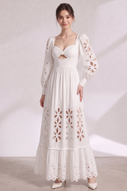 White Cotton Poplin A-Line Maxi Dress with Eyelet Embroidery white cotton poplin maxi dress - product view 4