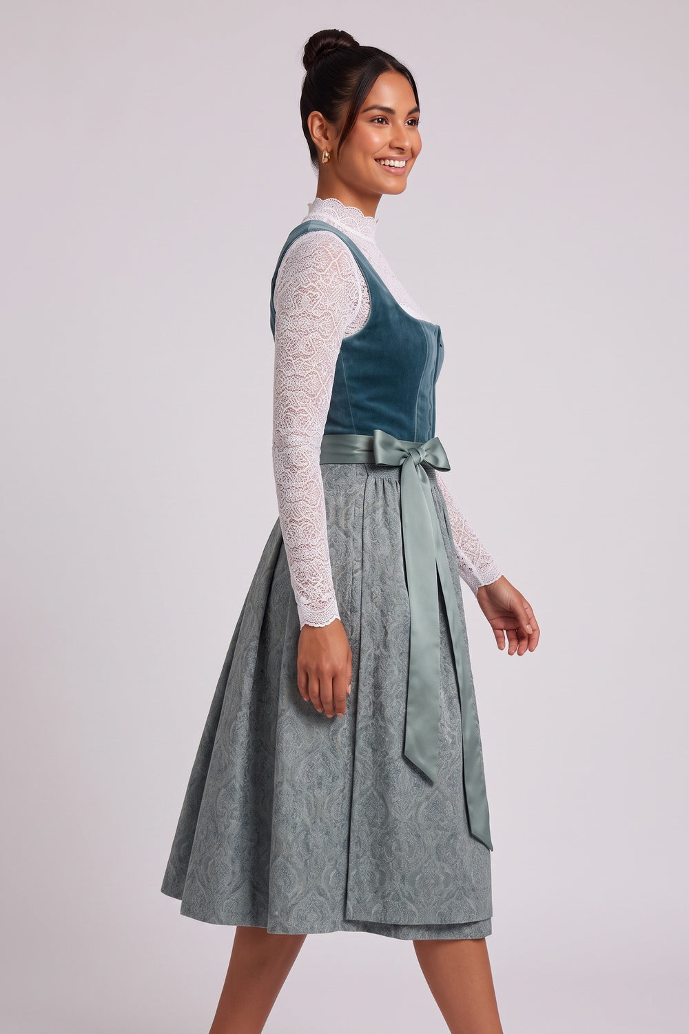 Teal Velvet bodice A-line skirt with fitted bodice Three-piece traditional dirndl ensemble Teal, Slate blue, White Velvet bodice, jacquard skirt, lace blouse, satin apron Three-piece traditional dirndl ensemble - product view 3