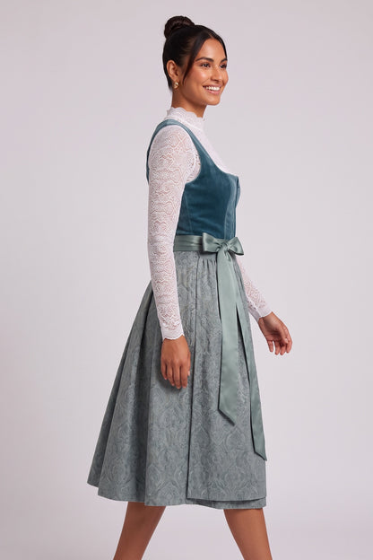 Teal Velvet bodice A-line skirt with fitted bodice Three-piece traditional dirndl ensemble Teal, Slate blue, White Velvet bodice, jacquard skirt, lace blouse, satin apron Three-piece traditional dirndl ensemble - product view 3