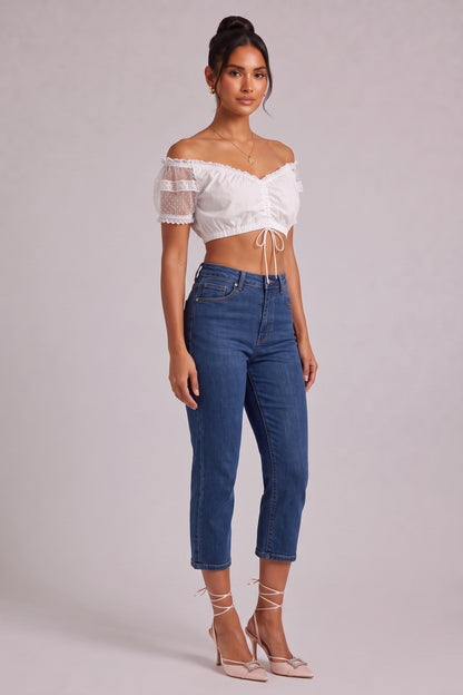 white cotton-blend woven cropped blouse white cotton-blend woven blouse - product view 2