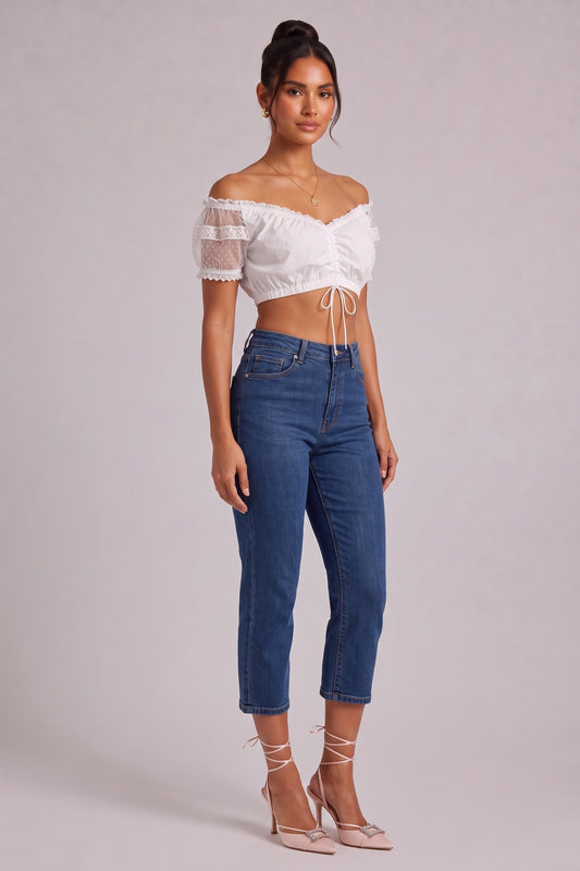 white cotton-blend woven cropped blouse white cotton-blend woven blouse - product view 2