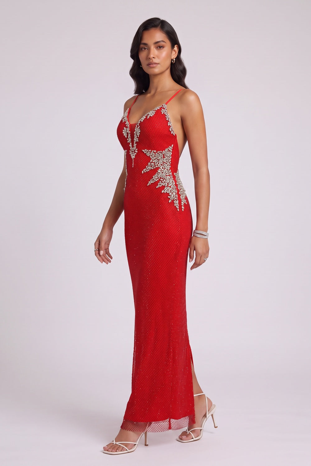 Red Beaded Mermaid Gown with Sparkle Detail Premium Fabric - product view 4