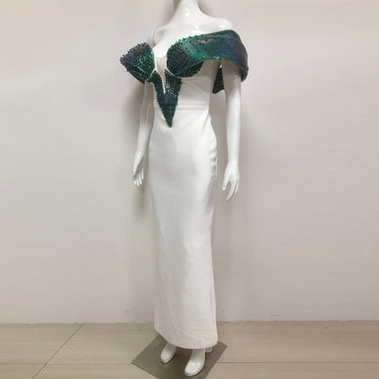 Off-Shoulder pearl embellished bodycon maxi dress in green