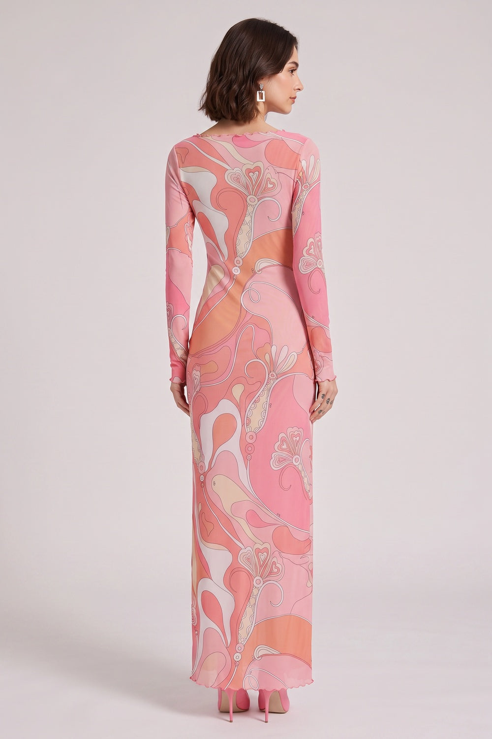 Pink Abstract Print Long Sleeve Maxi Dress with Ruffle Trim Premium Fabric - product view 3