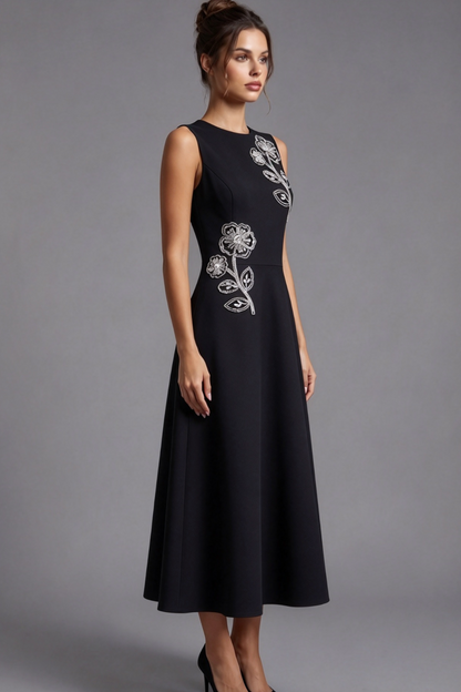Black Structured Mid-Weight Woven A-Line Fit-and-Flare Midi Dress