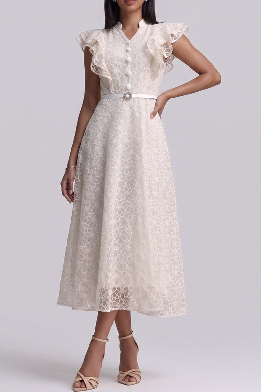 Mandarin Collar Ruffle Sleeve Floral Lace Midi Dress With Belt