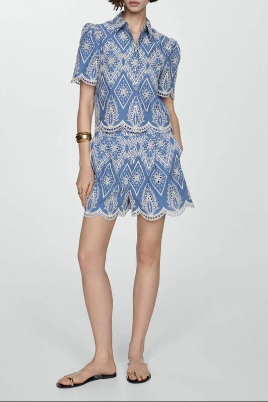 Blue & White Embroidered Puff Sleeve Lace Blouse