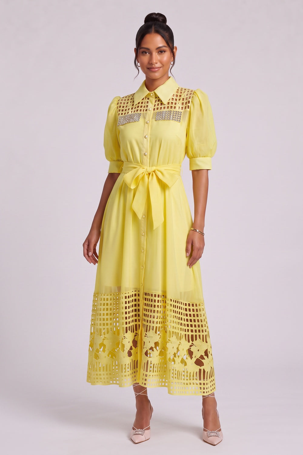 Yellow Midi Dress with Cutout Detail and Crystal Embellishment Premium Fabric - product view 3