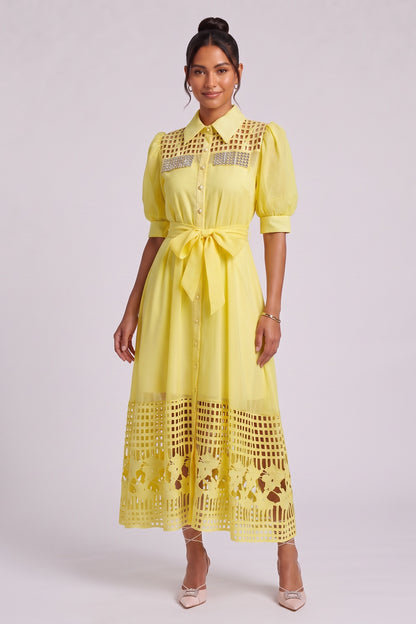 Yellow Midi Dress with Cutout Detail and Crystal Embellishment Premium Fabric - product view 3