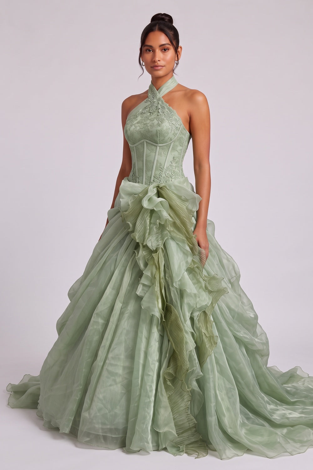 Sage Green Organza Ballgown Gown with Floral Lace and Cascading Ruffles sage green organza gown - product view 2