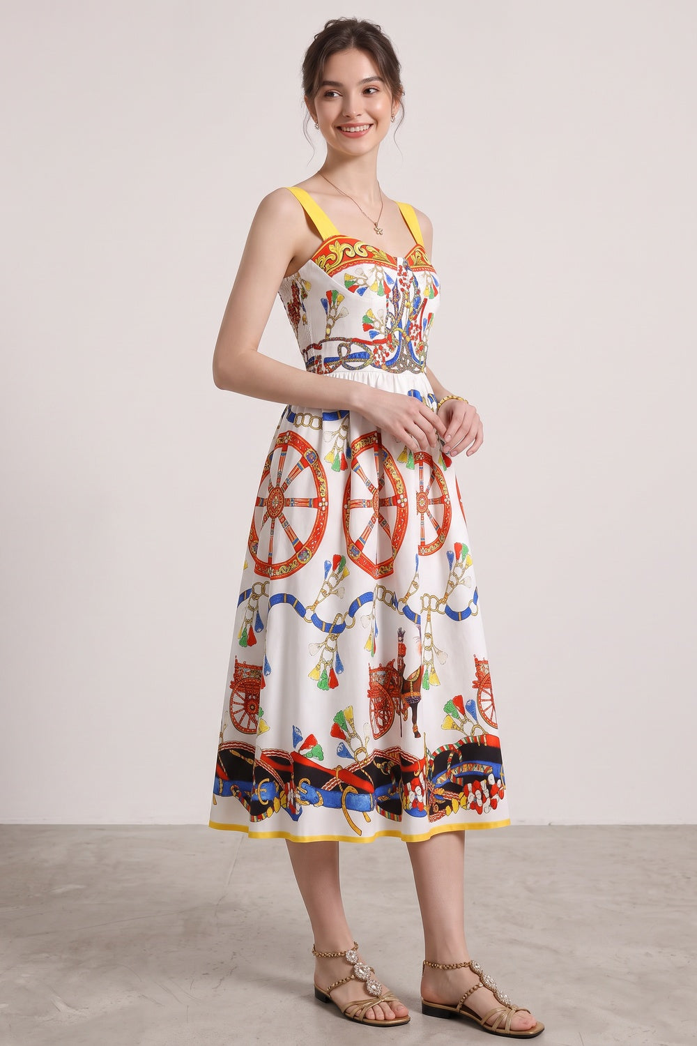White Cotton Poplin Fit-and-Flare Midi Dress with Sicilian Carretto Print white cotton poplin midi dress - product view 4