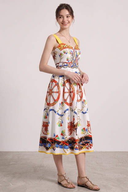 White Cotton Poplin Fit-and-Flare Midi Dress with Sicilian Carretto Print white cotton poplin midi dress - product view 4