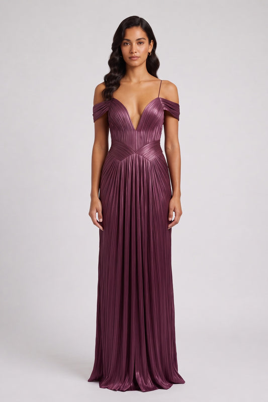 plum pleated satin or metallic synthetic blend column evening gown plum, deep magenta pleated satin or metallic synthetic blend evening gown - product view 1