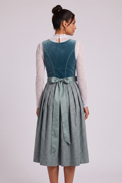 Teal Velvet bodice A-line skirt with fitted bodice Three-piece traditional dirndl ensemble Teal, Slate blue, White Velvet bodice, jacquard skirt, lace blouse, satin apron Three-piece traditional dirndl ensemble - product view 5