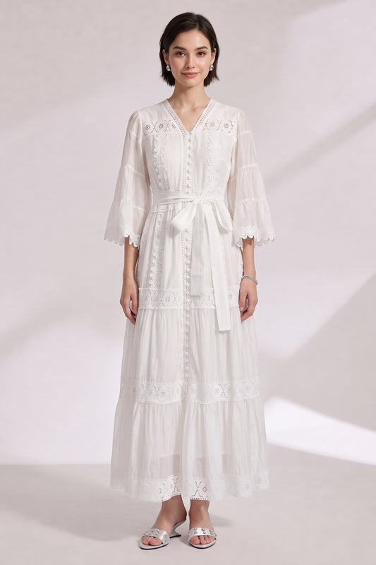 White A-Line Tiered Maxi Dress with Lace Inserts white lightweight cotton or linen blend dress - product view 1
