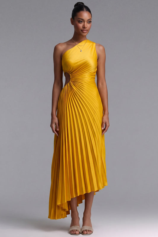 Yellow One-Shoulder Pleated Midi Dress Premium Fabric - product view 5