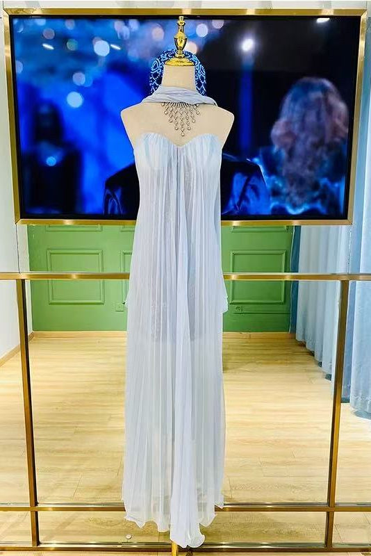 Thea Strapless Mesh Backless maxi Dress in light blue