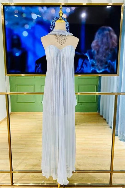 Thea Strapless Mesh Backless maxi Dress in light blue