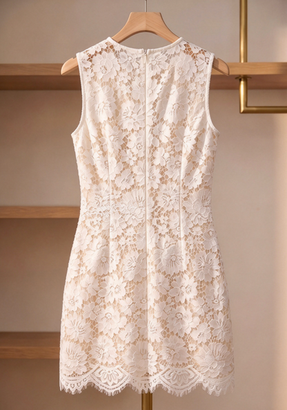 White Floral Lace Shift Dress with Button Pockets