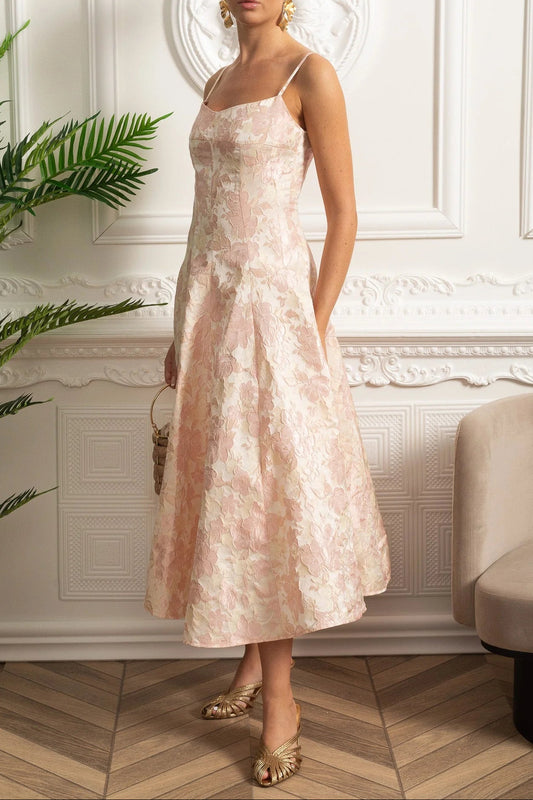 lauren Jacquard Midi Dress with Floral Motif - Blush Pink