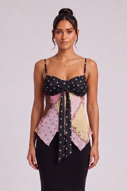 Black Sheer Chiffon Fitted Bodice with Asymmetrical Handkerchief Hem Camisole Top black, pink, yellow, brown sheer chiffon camisole top - product view 2