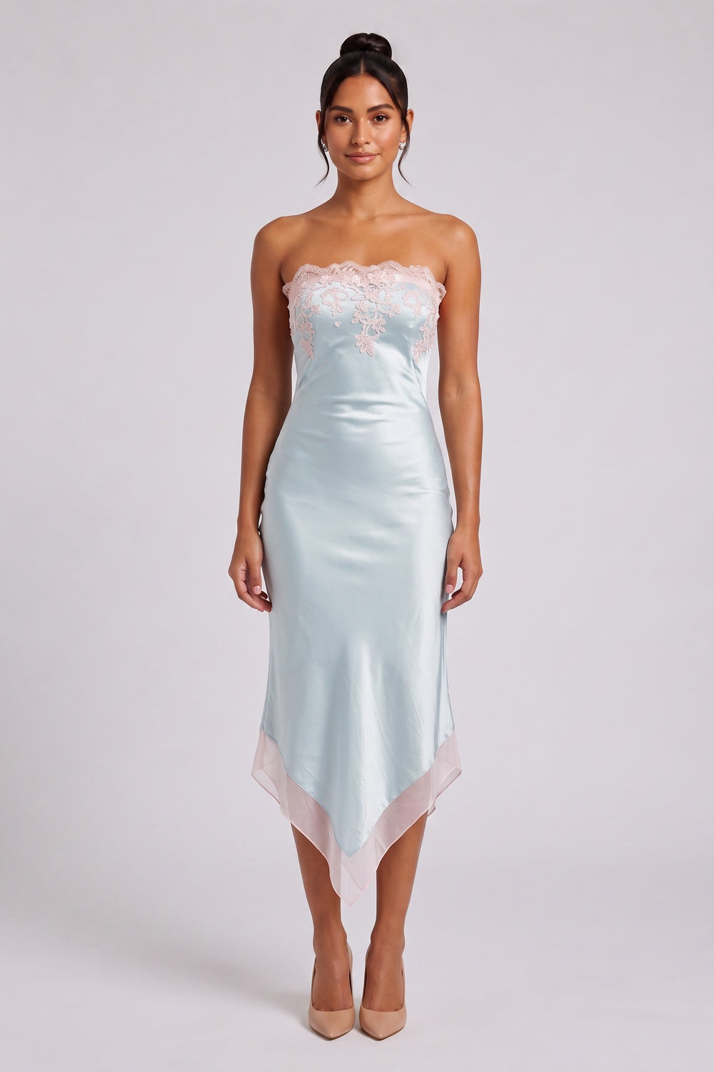 Pale Blue Satin Sheath Dress with Pink Lace Trim pale blue satin dress - product view 1