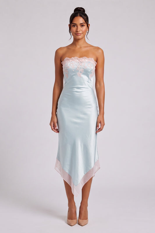 Pale Blue Satin Sheath Dress with Pink Lace Trim pale blue satin dress - product view 1