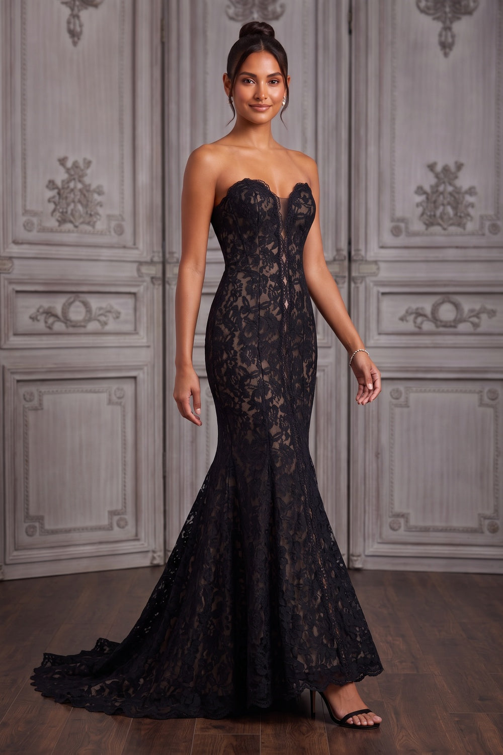 Black Lace Mermaid Gown with Sheer Plunge Detail black lace gown - product view 4