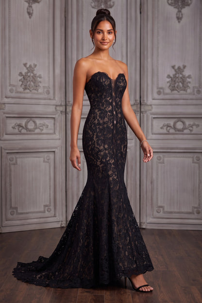 Black Lace Mermaid Gown with Sheer Plunge Detail black lace gown - product view 4