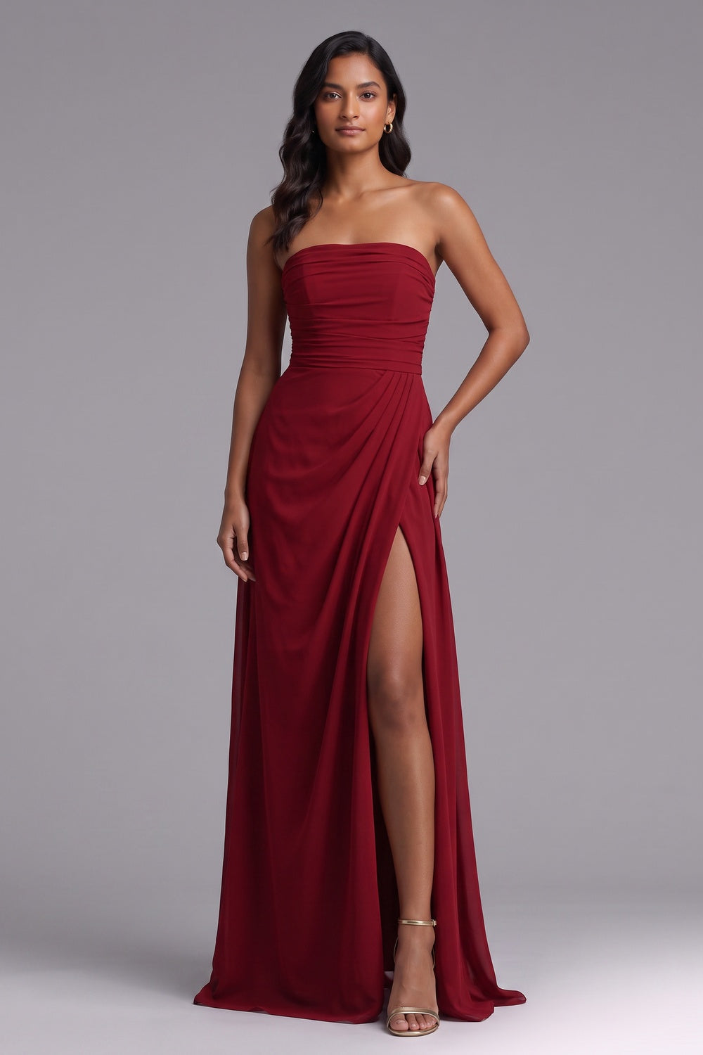 Deep red Chiffon or lightweight crepe Draped column with high slit Evening gown Deep red Chiffon or lightweight crepe Evening gown - product view 1
