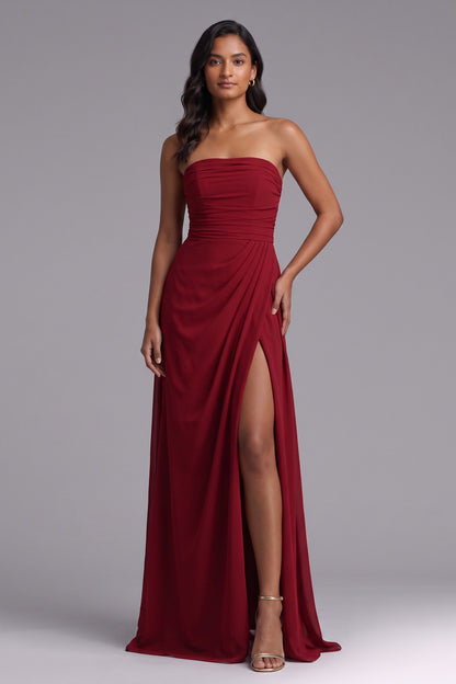 Deep red Chiffon or lightweight crepe Draped column with high slit Evening gown Deep red Chiffon or lightweight crepe Evening gown - product view 1