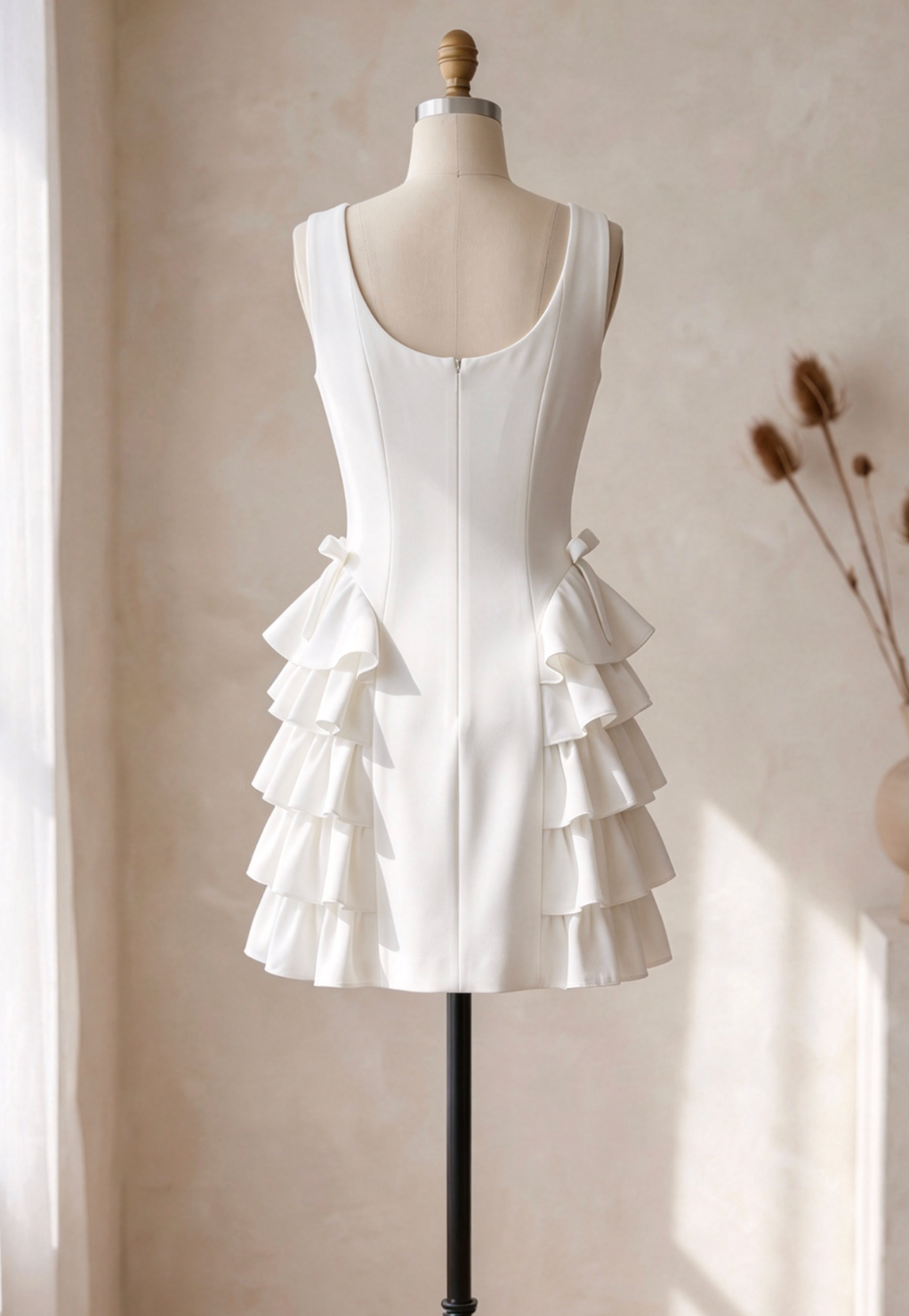 White Structured Crepe A-Line Dress with Side Ruffles
