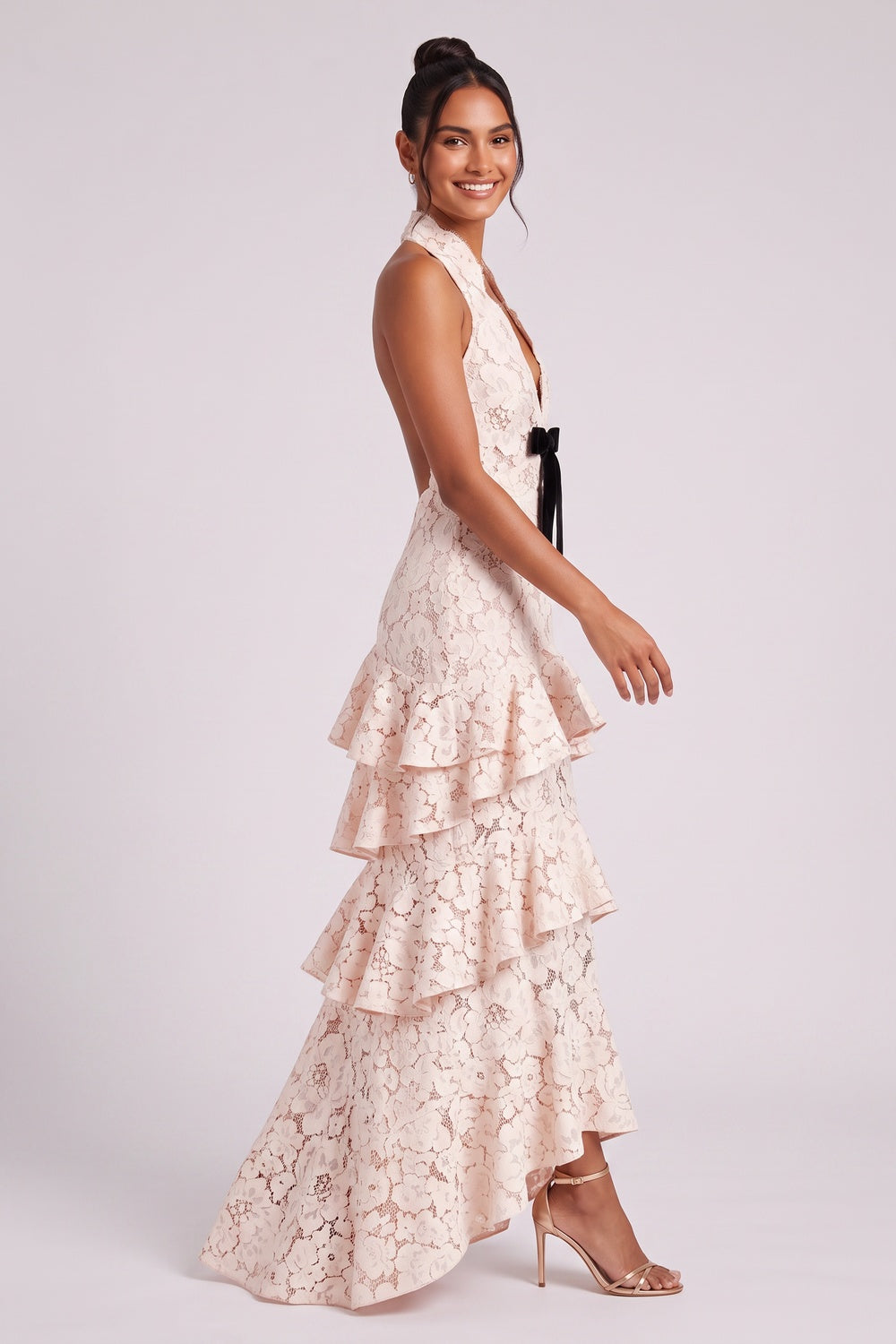 Pale Pink Floral Lace Tiered Halter Gown pale pink floral lace gown - product view 3