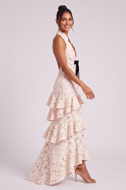 Pale Pink Floral Lace Tiered Halter Gown pale pink floral lace gown - product view 3