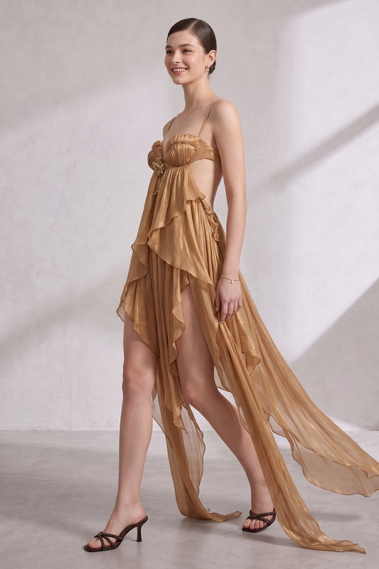 Gold Sheer Chiffon Asymmetrical High-Low Draped Dress with Open Back gold, bronze sheer chiffon dress - product view 2