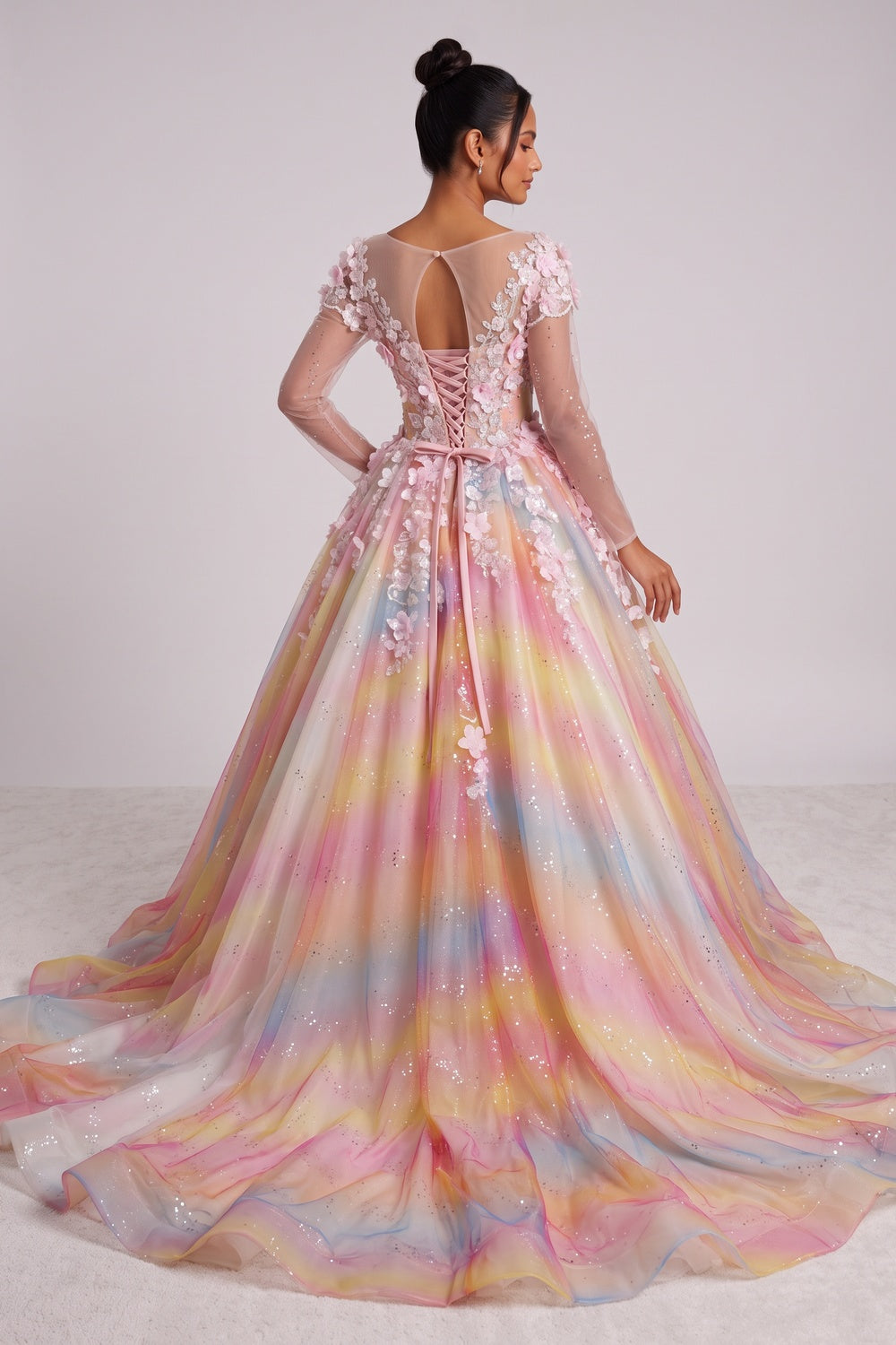 Pastel Gradient Tulle Ballgown Gown with 3D Floral Appliques pastel pink, pastel yellow, pastel blue, pastel purple tulle gown - product view 5