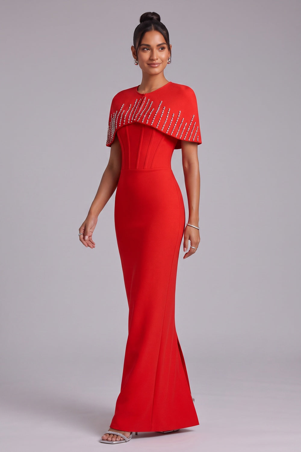 bright red heavy crepe column maxi dress with capelet bright red heavy crepe maxi dress with capelet - product view 4