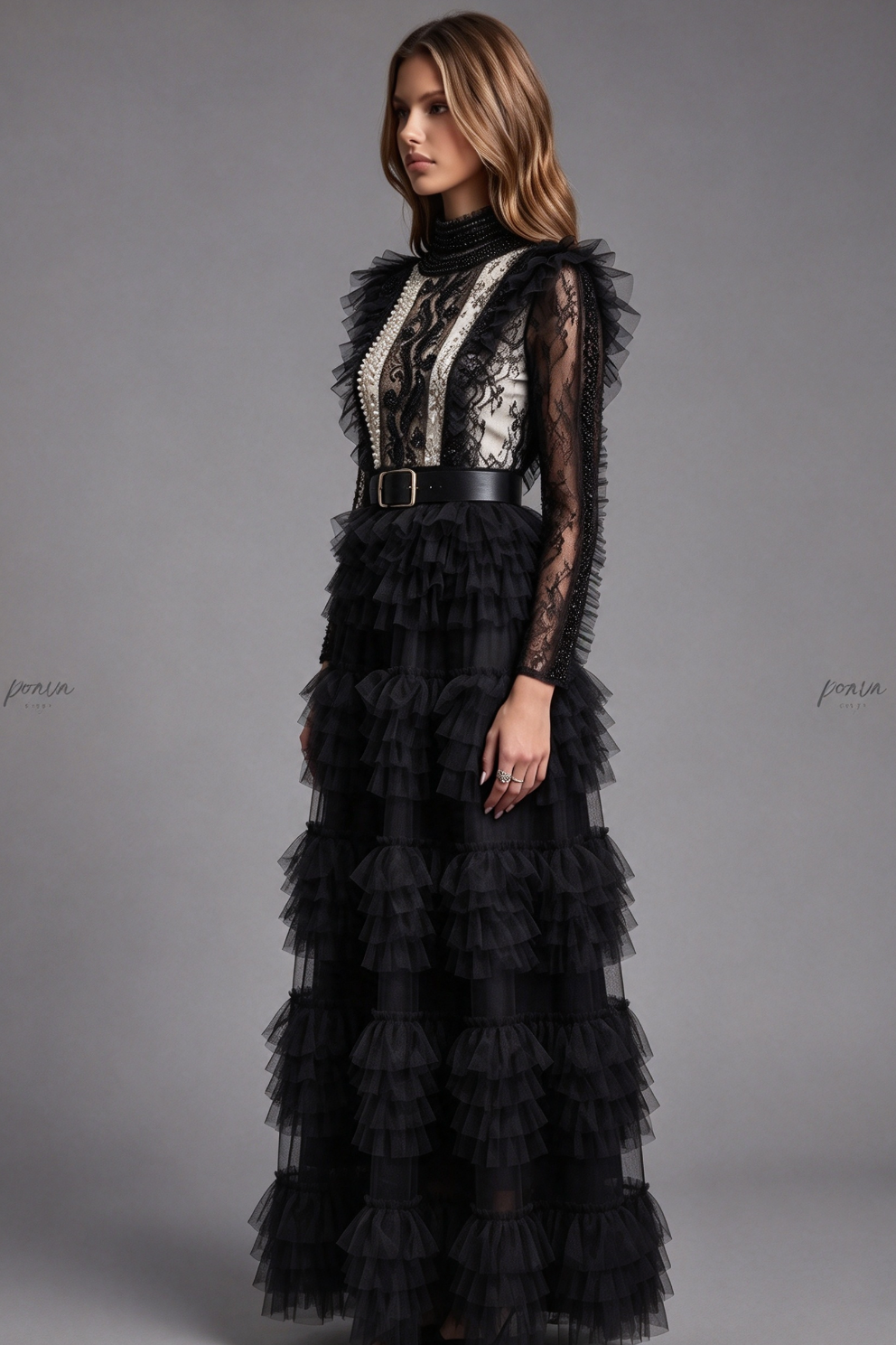 Black Tulle A-line Tiered Maxi Dress