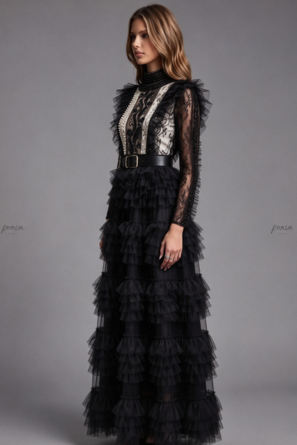 Black Tulle A-line Tiered Maxi Dress