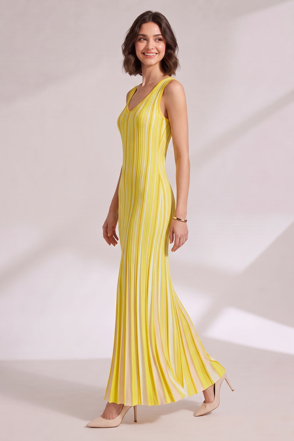 Yellow Vertical Stripe Maxi Dress Premium Fabric - product view 3
