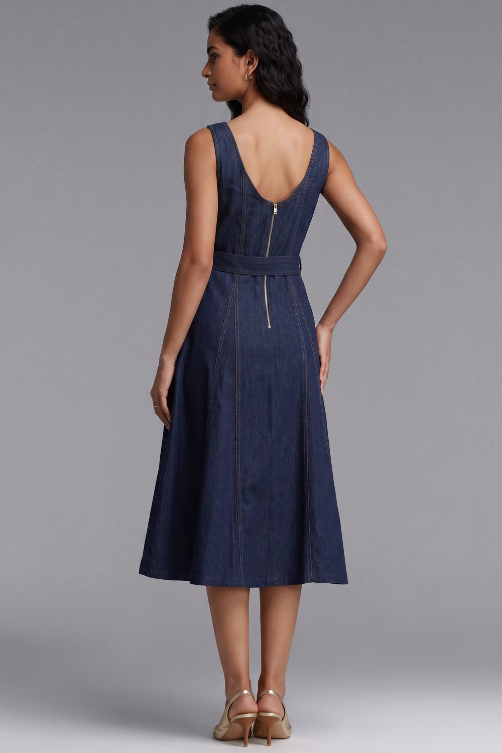 Dark Blue Denim Fit-and-Flare Midi Dress dark blue denim dress - product view 5