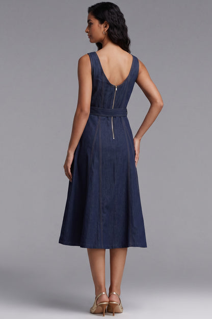 Dark Blue Denim Fit-and-Flare Midi Dress dark blue denim dress - product view 5