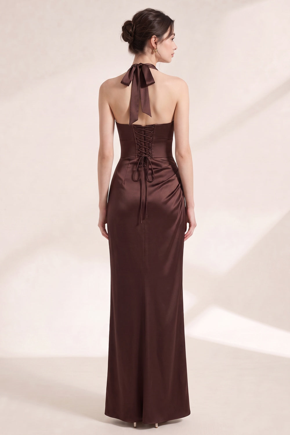 Chocolate Brown Satin Fitted Column Gown chocolate brown satin gown - product view 5