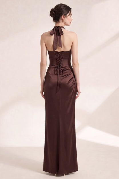 Chocolate Brown Satin Fitted Column Gown chocolate brown satin gown - product view 5