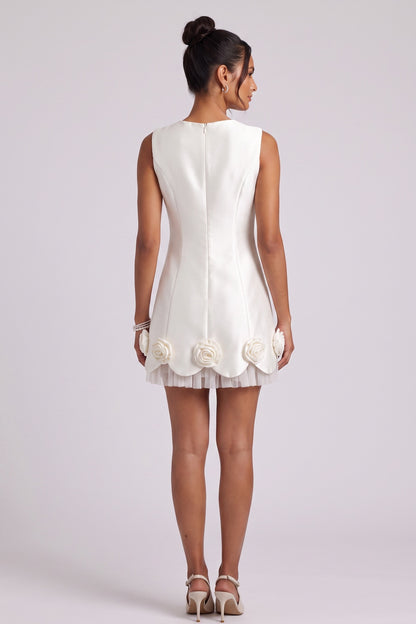 White Mini Dress with Rose Appliqués and Bow Detail Premium Fabric - product view 5