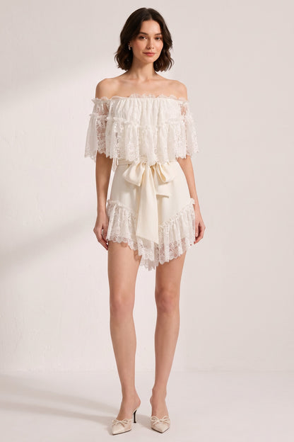 Off Shoulder Ruffled Lace Satin Bow Two Piece Short Set