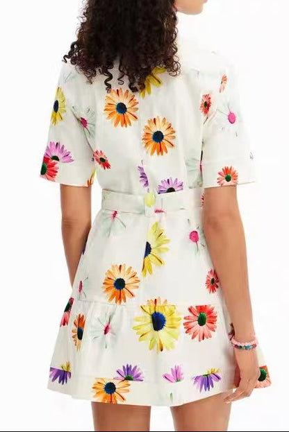 White Multicolor Daisy Print Shirt Dress with Belt