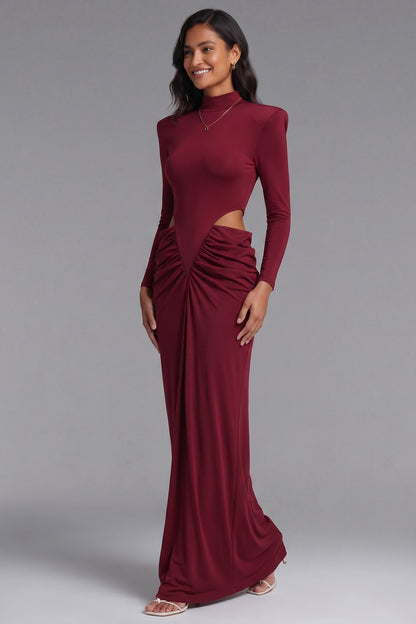 Burgundy Stretch Jersey Column Gown with Structured Shoulders burgundy stretch jersey gown - product view 4