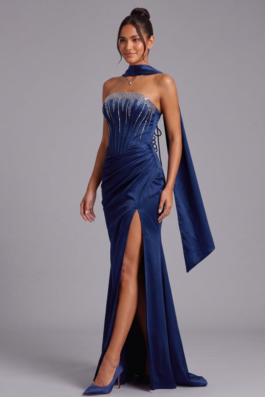 Deep Blue Strapless Evening Gown with Rhinestone Bodice and Cape Detail Premium Fabric - product view 1